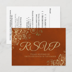 Rust Orange & Elegant Gold Lace Frilly Wedding RSVP Card