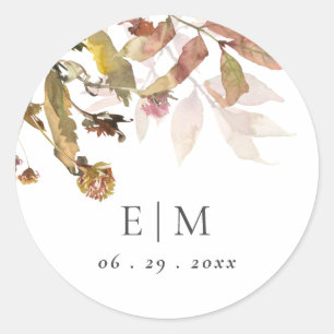 Rust Orange Fall Tree Leaves Monogram Wedding Classic Round Sticker