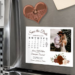 Rust Orange Floral Calendar & Photo Save the Date Magnetic Invitation<br><div class="desc">This beautiful magnetic card is a wonderful way to let your friends and family know to Save the Date for your upcoming wedding. The rustic boho chic design features with a cluster of hand painted watercolor roses in shades of rust orange, coral peach, and burnt umber. The left side of...</div>