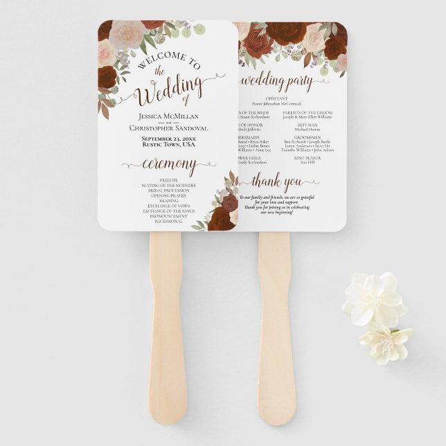 Rust Orange Floral Elegant Wedding Program Hand Fan (Front and Back)