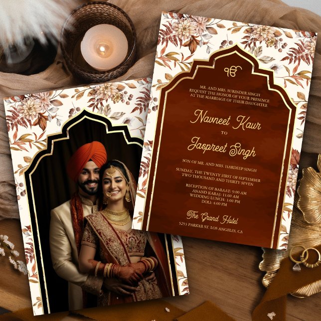 Rust Orange Floral Photo Anand Karaj Sikh Wedding Invitation (Creator Uploaded)