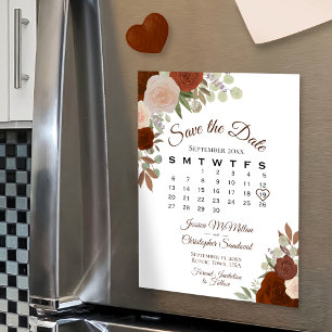 Rust Orange Floral Save the Date Calendar Magnet