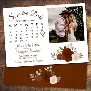 Rust Orange Floral Wedding Calendar & Photo Save The Date