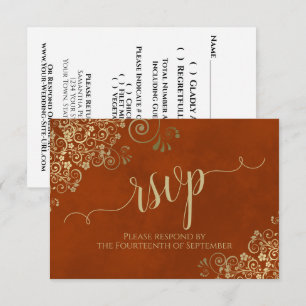 Rust Orange Gold Lace Elegant Calligraphy Wedding RSVP Card