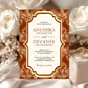 Rust Orange Gold Lace Indian Wedding Invitation