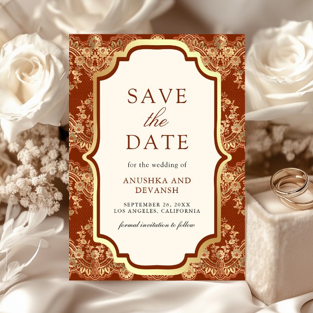 Rust Orange Gold Lace Indian Wedding Save The Date (Creator Uploaded)