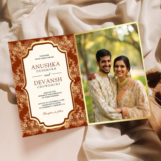 Rust Orange Gold Lace QR Code Photo Indian Wedding Invitation (Creator Uploaded)
