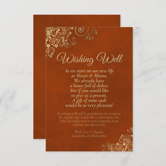 Rust Orange & Gold Lace Wedding Wishing Well Poem Enclosure Card (Front/Back)
