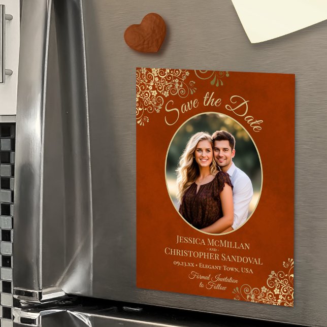 Rust Orange & Gold Wedding Save Date Oval Photo Magnetic Invitation (Magnetic Back for Easy Display!)