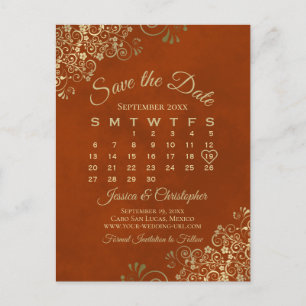 Rust Orange & Gold Wedding Save the Date Calendar Announcement Postcard
