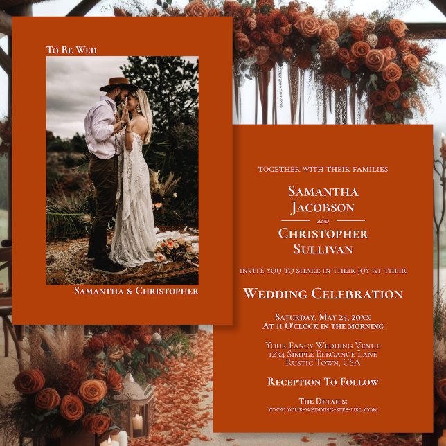 Rust Orange Minimalist Vertical Photo Wedding Invitation (Front/Back)