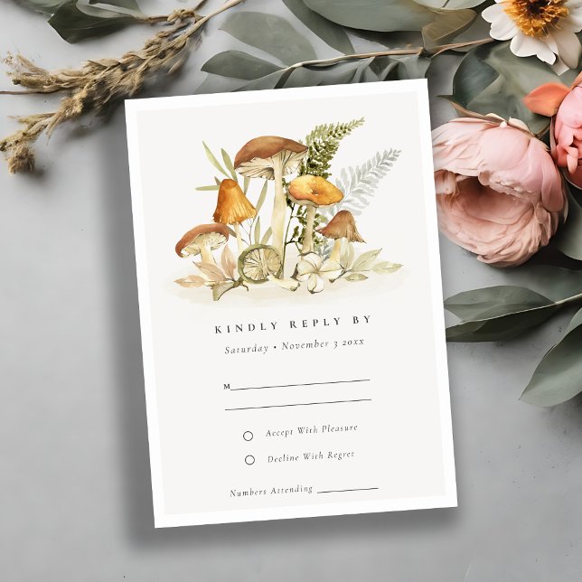 Rust Orange Mushroom Fern Fauna Wedding Rsvp Card (Creator Uploaded)