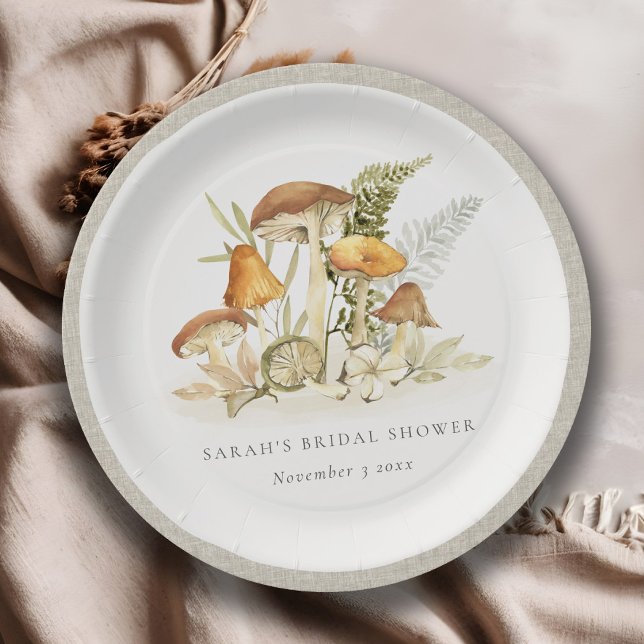 Rust Orange Mushroom Fern Foliage Bridal Shower Paper Plate (Creator Uploaded)