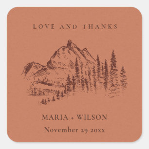 Rust Orange Pine Woods Mountain Sketch Wedding Square Sticker