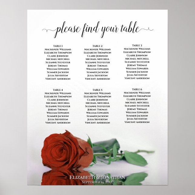 Rust Orange Rose 6 Table Wedding Seating Chart (Front)