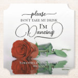 Rust Orange Rose Don't Take My Drink Wedding Paper Coaster<br><div class="desc">This wedding coaster is elegant, stylish, and fun! It features a photo of a single long-stemmed rust orange coloured rose lying on its side mirrored in a pool of water. The text reads "Please don't take my drink, I'm dancing" written in modern script lettering. There is space for the names...</div>