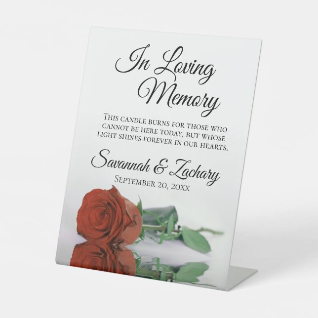 Rust Orange Rose In Loving Memory Wedding Memorial Pedestal Sign (Front)
