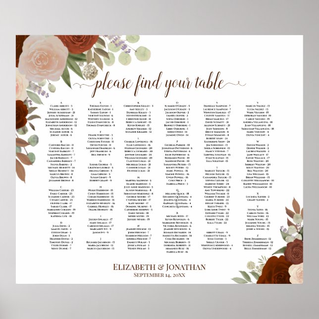 Rust Orange Roses Alphabetical Seating Chart (Front)