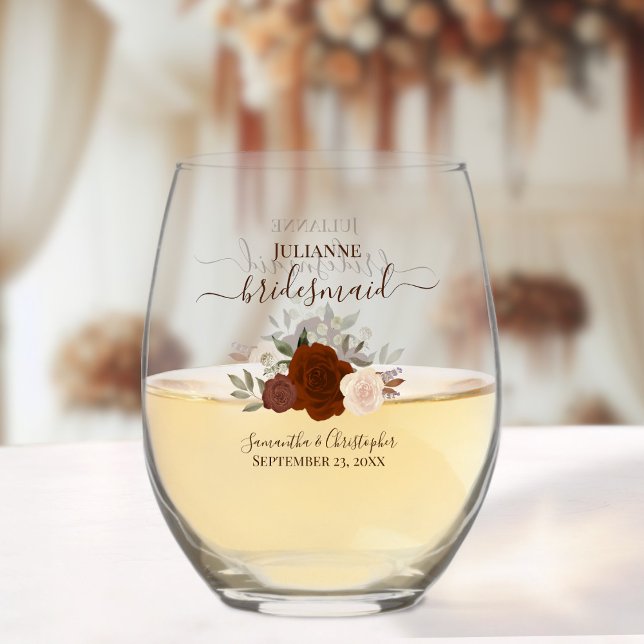 Rust Orange Roses Bridesmaid Maid of Honour Gift Stemless Wine Glass (Order individually or in sets)