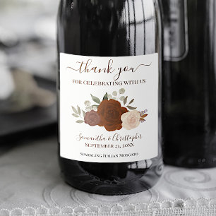 Rust Orange Roses Elegant Boho Wedding Thank You Sparkling Wine Label