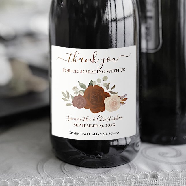 Rust Orange Roses Elegant Boho Wedding Thank You Sparkling Wine Label (Creator Uploaded)