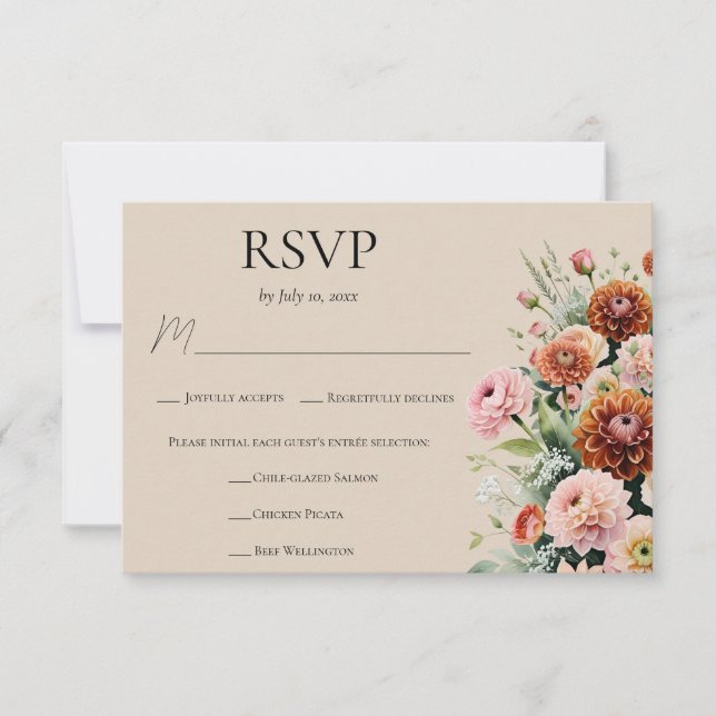 Rust Orange Sage Green Floral Wedding Meal Choice RSVP Card (Front)