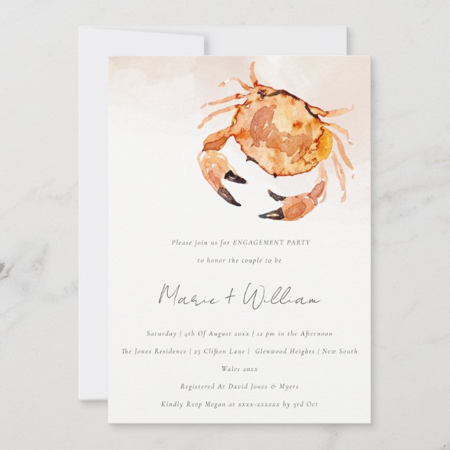 Rust Orange Sand Coastal Crab Nautical Engagement Invitation (Front)