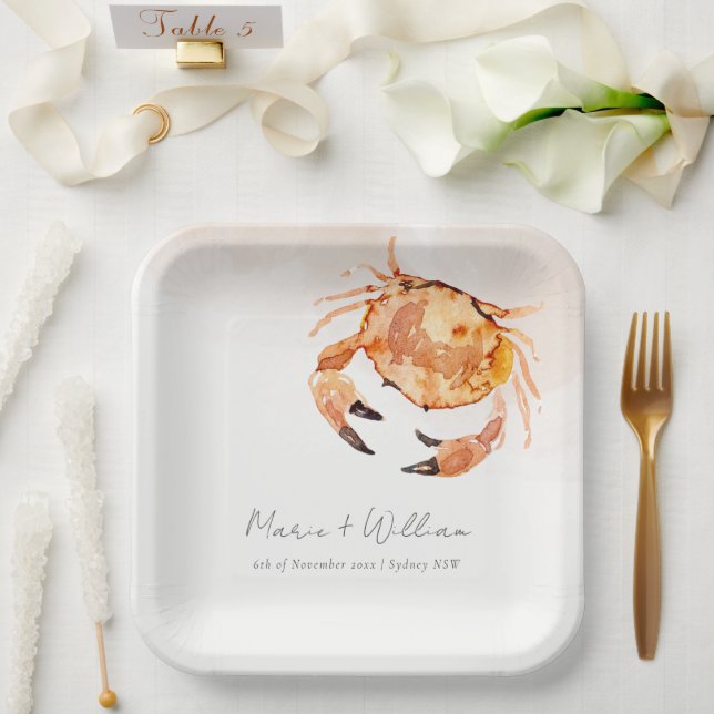Rust Orange Sand Coastal Crab Nautical Wedding Paper Plate (Wedding)