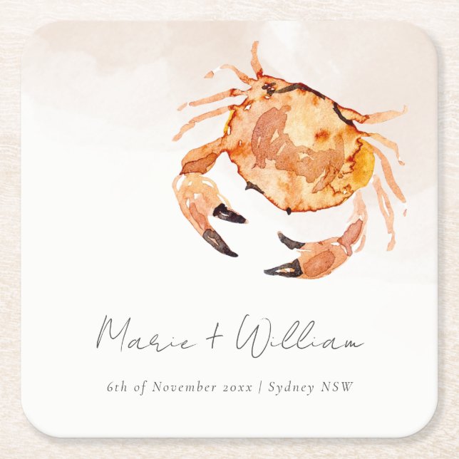 Rust Orange Sand Coastal Crab Nautical Wedding Square Paper Coaster (Front)