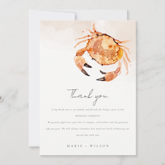 Rust Orange Sand Coastal Crab Nautical Wedding Thank You Card (Front)