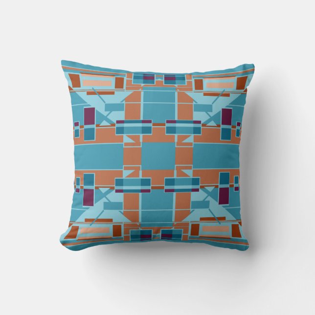 Rust Orange Teal Blue Burgundy Geometric Design Cushion (Front)
