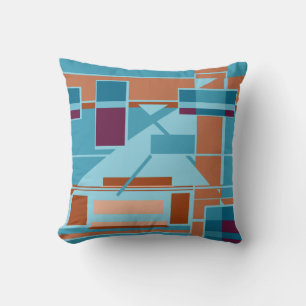 Rust Orange Teal Blue Burgundy Shapes Lines Cushion