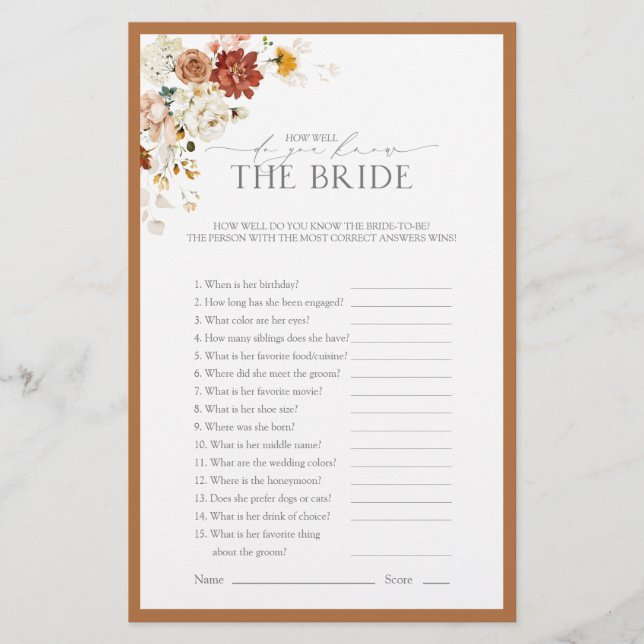 Rust Orange Watercolor Floral Bridal Shower Game (Front)