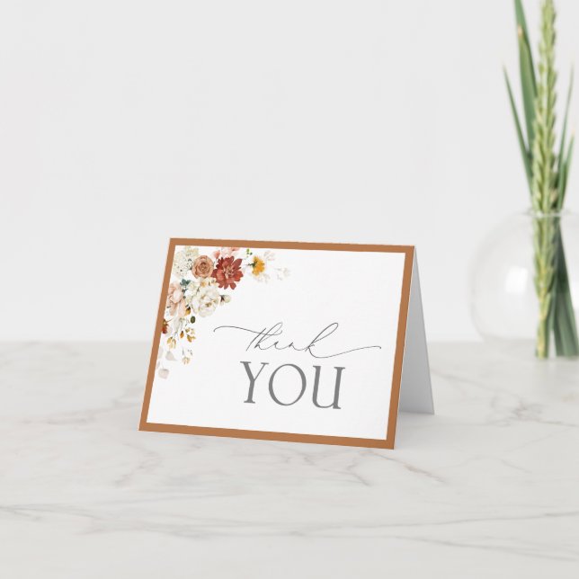 Rust Orange Watercolor Floral Script Thank You Card (Front)