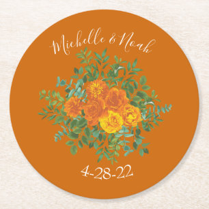 Rust Orange Wedding Vintage Floral Round Paper Coaster