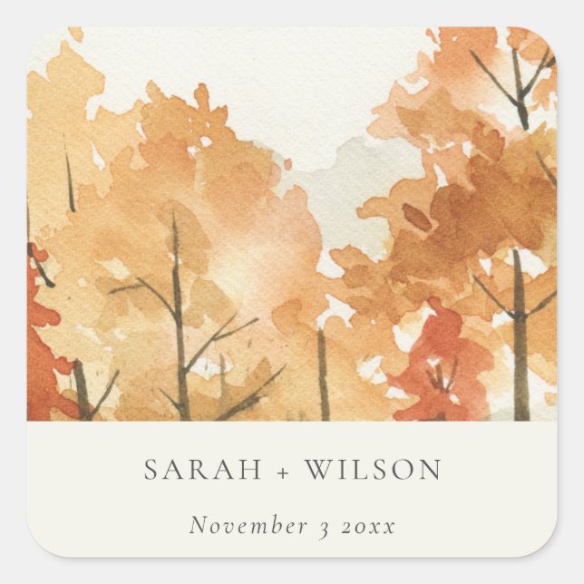 Rust Orange Yellow Autumn Fall Tree Wedding Square Sticker (Front)