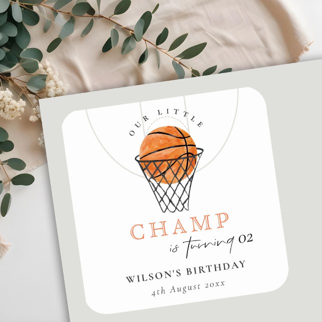 Rust Our Little Champ Basketball Any Age Birthday Square Sticker (Creator Uploaded)