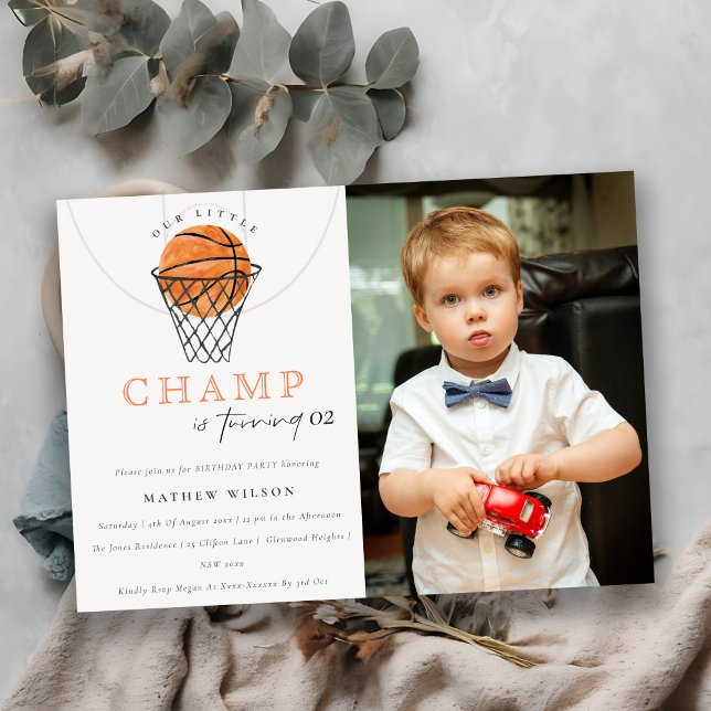 Rust Our Little Champ Basketball Photo Birthday Invitation (Creator Uploaded)