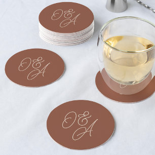 Rust   Oversized Script Monogram Wedding Round Paper Coaster