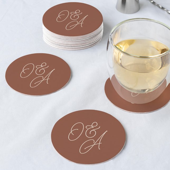 Rust | Oversized Script Monogram Wedding Round Paper Coaster (Creator Uploaded)