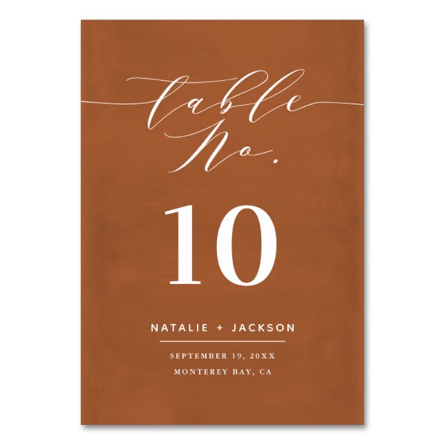 Rust painted elegant script text wedding table number (Front)