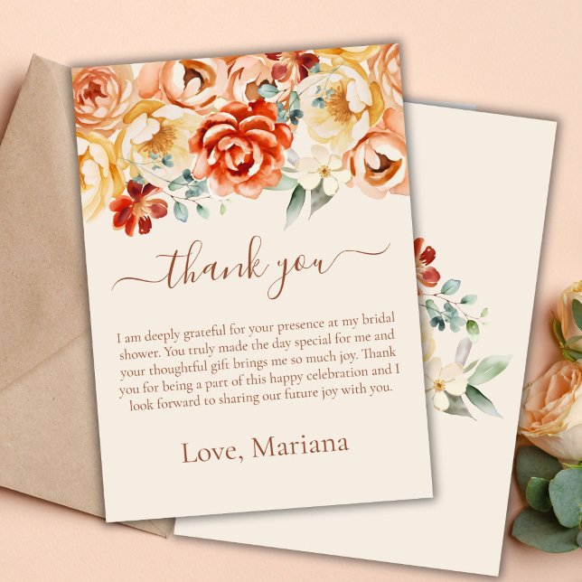 Rust Peach Floral Bridal Shower Thank You Card (Creator Uploaded)