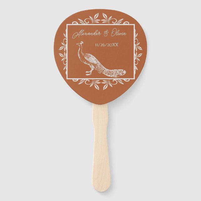 Rust Peacock Flourish Wedding Favour Hand Fan (Front)