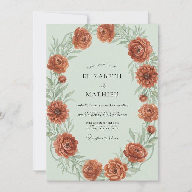 Rust Peony Wreath Wedding Invitation (Front)