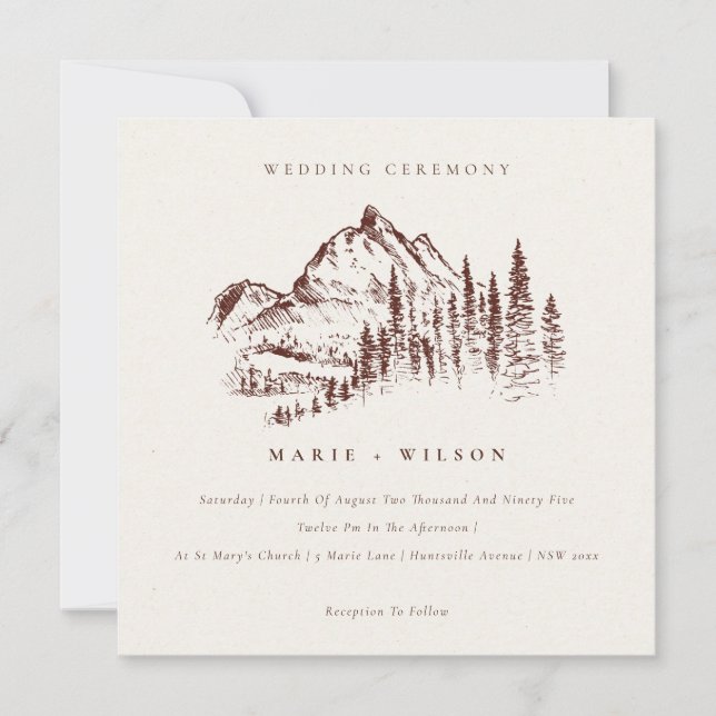 Rust Pine Woods Mountain Sketch Wedding Invite (Front)