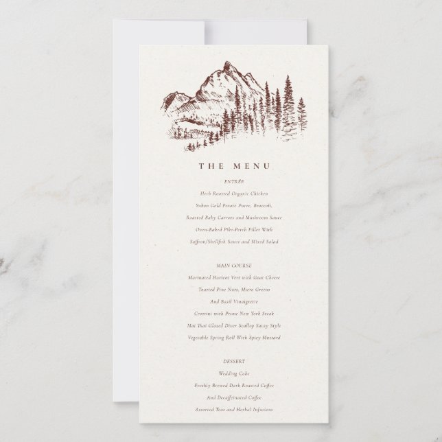 Rust Pine Woods Mountain Sketch Wedding Menu Card (Front)