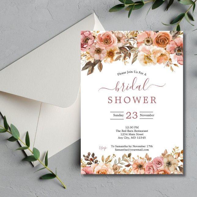 Rust Pink Beige Watercolor Floral Bridal Shower Invitation (Rust Boho Blush Pink Beige Cream Watercolor Floral Bridal Shower Invitation, Printed or Digital )