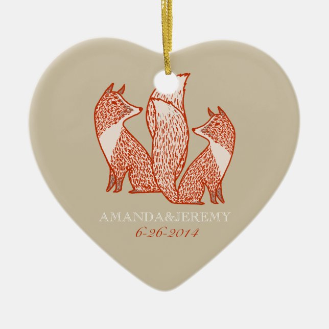 Rust Red and Ivory Foxes Anniversary Ceramic Tree Decoration (Front)