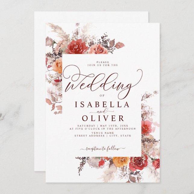 Rust Red Burnt Orange BohoTerracotta Wedding Invit Invitation (Front/Back)