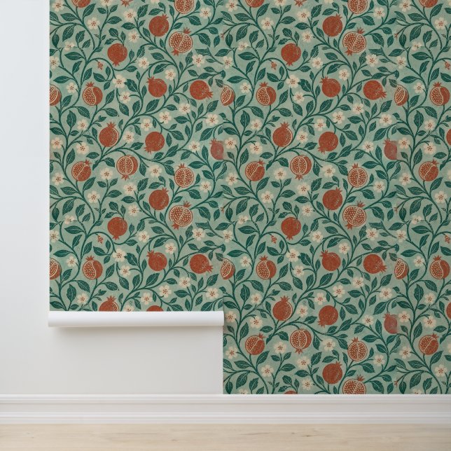 Rust Red Fruit pomegranate Green Leaf Pattern Wallpaper (Application)